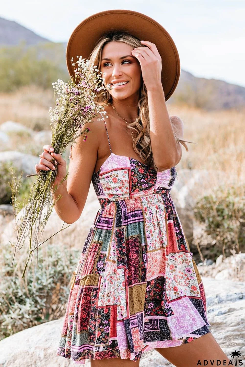 Spaghetti Straps Floral Patchwork Flare Mini Dress