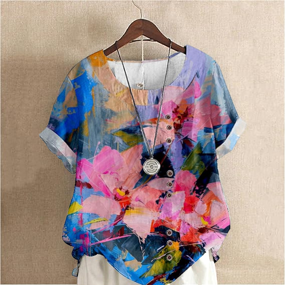 Women's Oil Painting Brush Stroke Color Block Pattern Cotton And Linen Short Sleeve Top