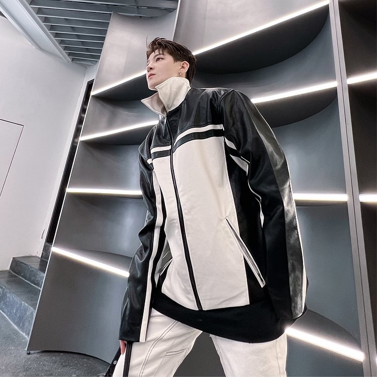 -JK13-P170 Black and White Contrast Color PU Leather Lapel Jacket-Dawfashion- Original Design Clothing Store-Halloween 2022