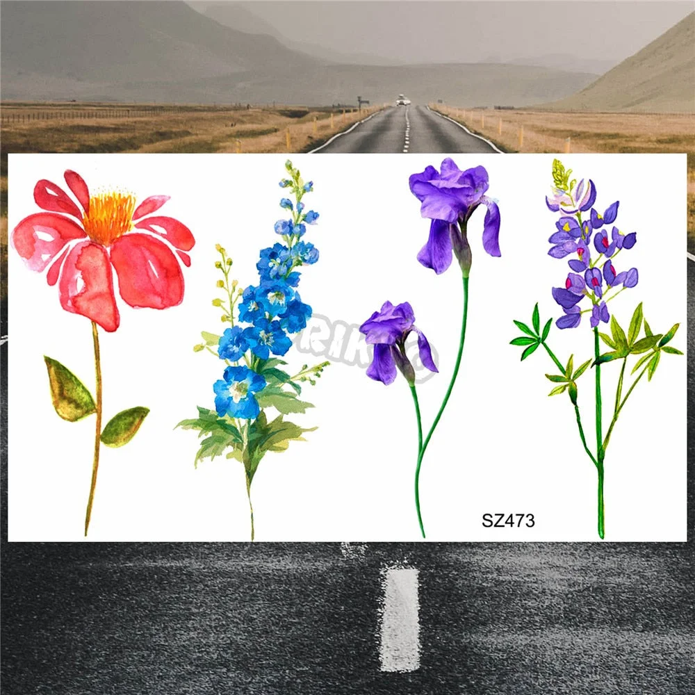 Black Poppy Flower Temporary Tattoos For Women Kids Realistic Lavender Plum Waterproof Fake Tattoo Sticker Tattoo Arm Body