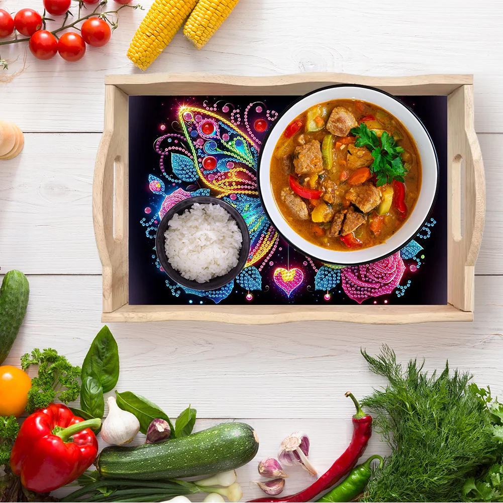 5D DIY Flower Butterfly Diamond Painting Wooden Serving Tray with Handle for Desk