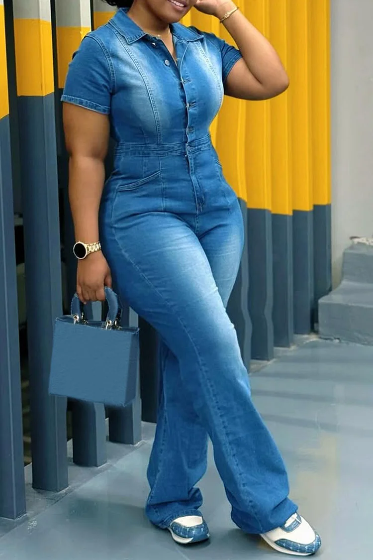 Plus Size Daily Blue Shirt Collar Short Sleeve Pocket Casual Denim Jumpsuits [Pre-Order] 2024 - Xpluswear