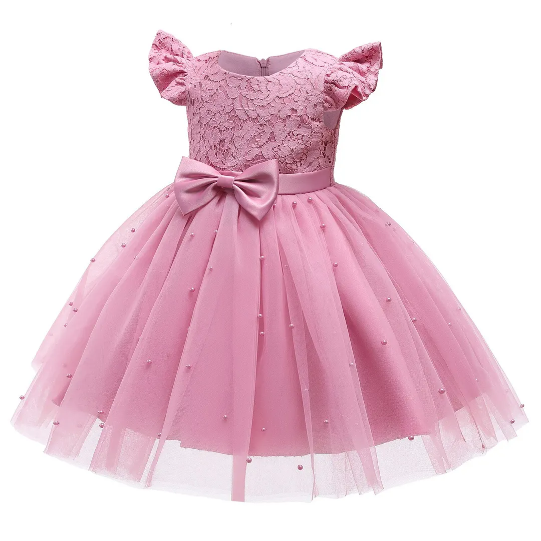 Baby Girl Dress Lace Flower 1st Birthday Beading Dress Newborn Baby Girl Christening Gown Infant Party Princess Pink Vestidos