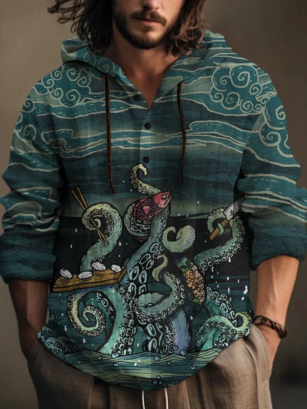 Men's Vintage Octopus Monster Ocean Japanese Print Hooded Shirt