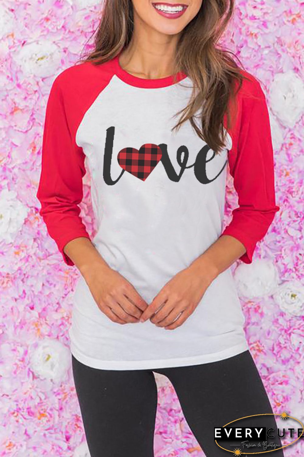 Red Love Plaid Heart Color Block 3/4 Sleeve Top