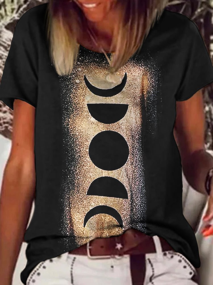 Crew Neck Sun Moon Print Short Sleeve T-Shirt