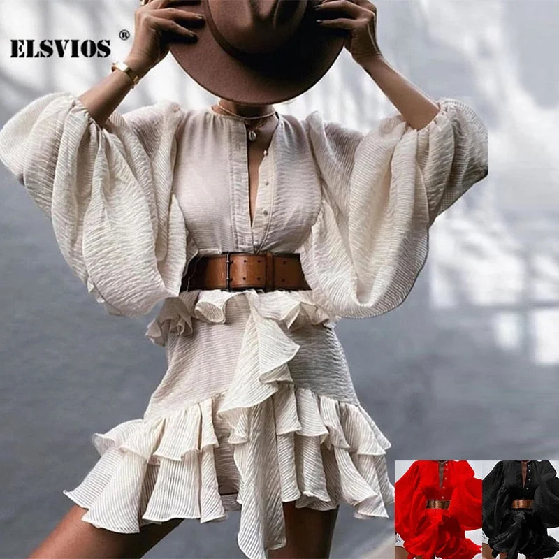 Elegant Early Autumn Women New O Neck Lantern Sleeves Dress Casual Solid Color Thin Ruffled Dresses Office Lady Party Dresses