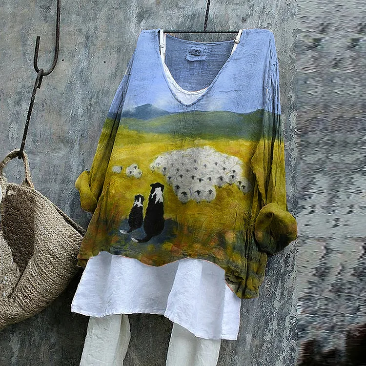 Cute Cartoon Shepherd dog Art Linen Blend Flowy Tunic