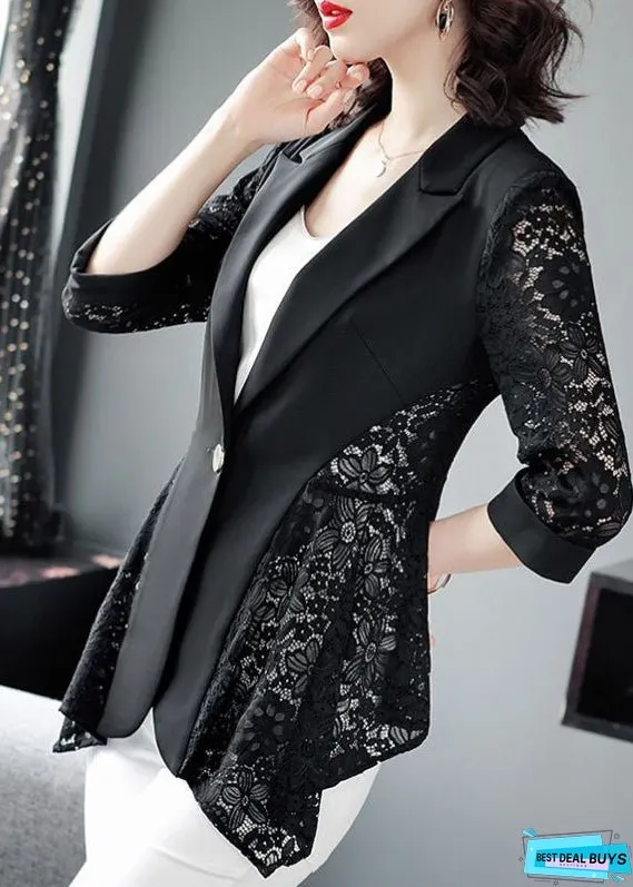 Stylish Black Notched Collar Lace Patchwork Hollow Out Spandex Coats Summer