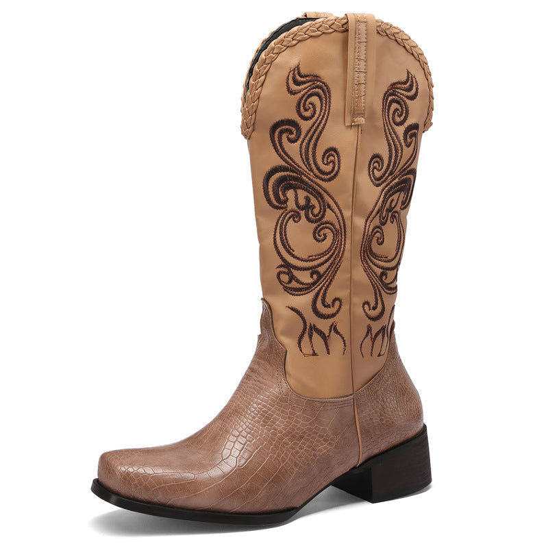 Retro tan brown flower embroidery mid calf cowboy boots for women