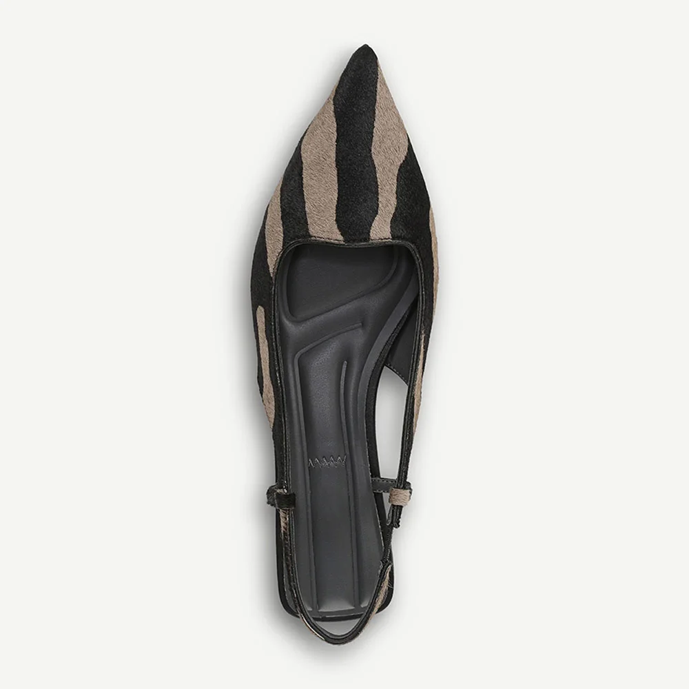 Grey & Black Zebra Print Stretch Pointed Toe Flats with Slingback