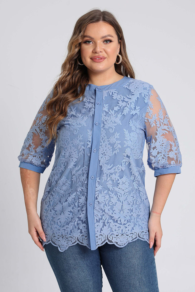 Plus Size Button Up Mesh Sleeve Embroidered Blouse
