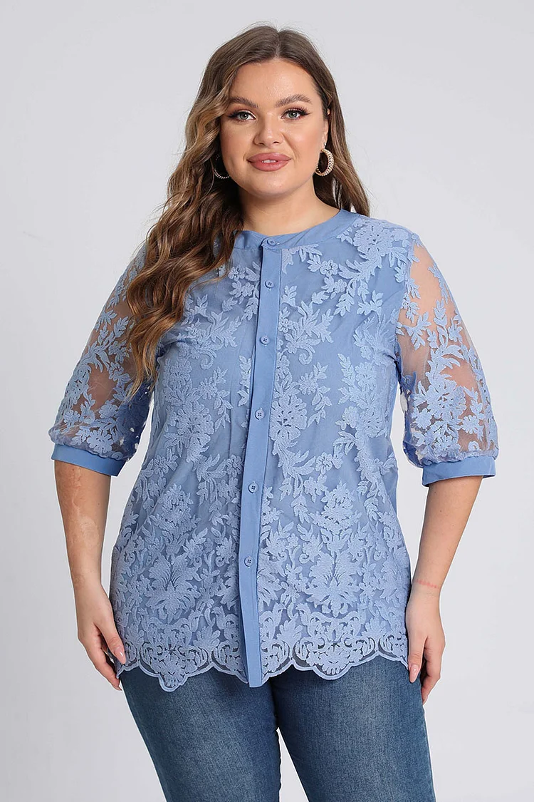 Plus Size Button Up Mesh Sleeve Embroidered Blouse FlyCurvy Flycurvy [product_label]