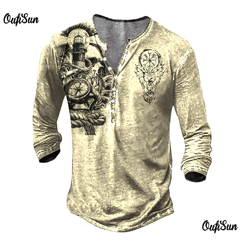 Vintage Men's T-shirt Cotton Henley Shirts Solid Color Graphic T Shirts 3D Printing Long Sleeve Tees Oversized Men Clothing Tops