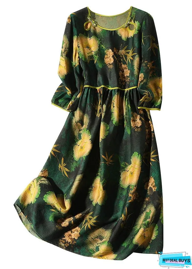 Stylish Green O-Neck Print Wrinkled Silk Long Dresses Spring