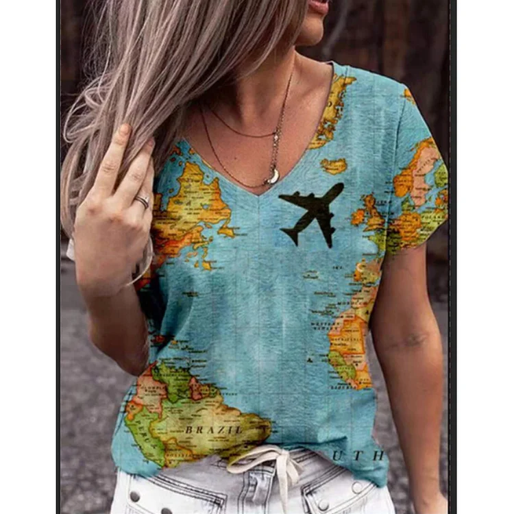 V-neck printed graphic short-sleeve T-shirt