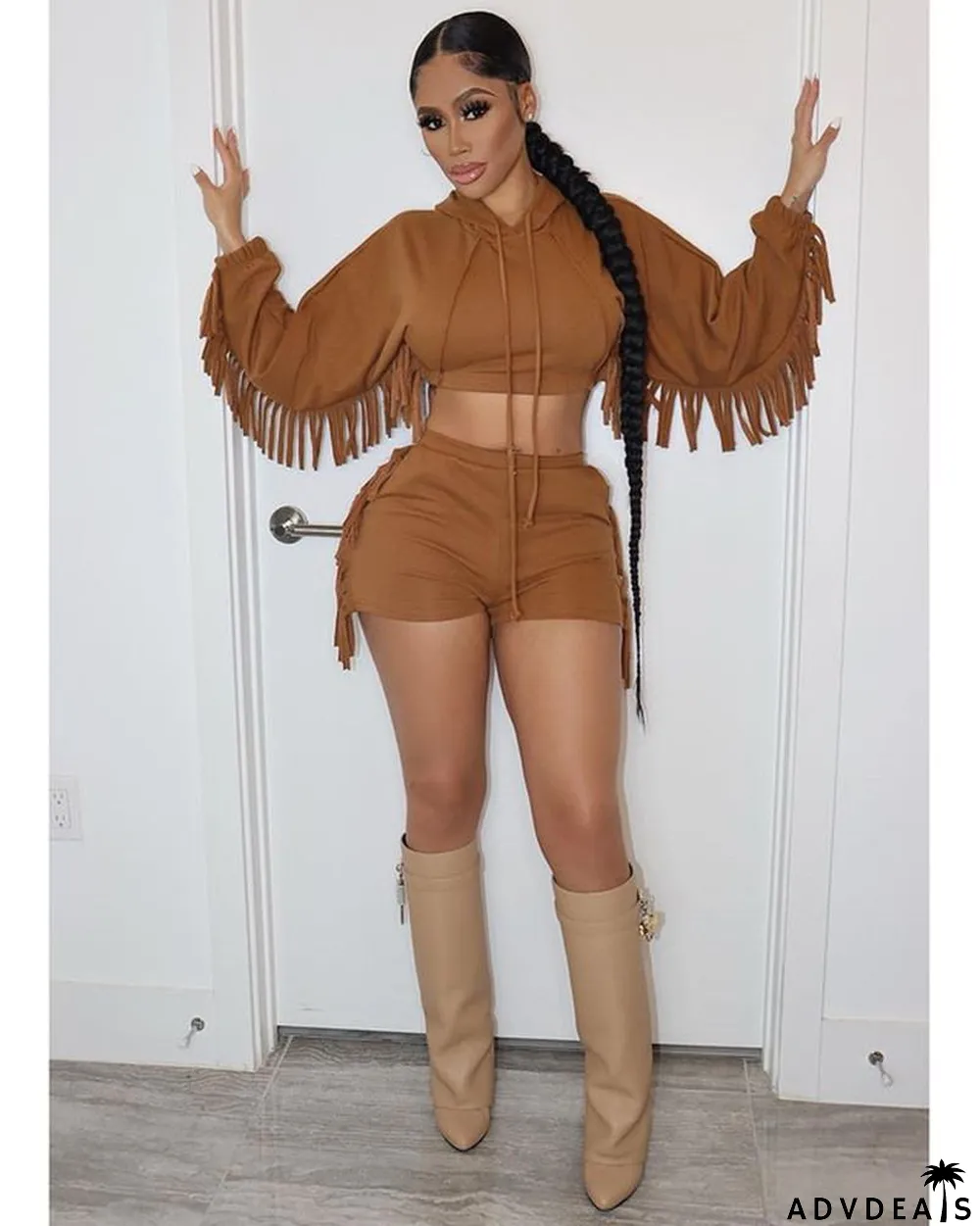 Pure Color Tassels Hooded Shorts Two-piece Suit