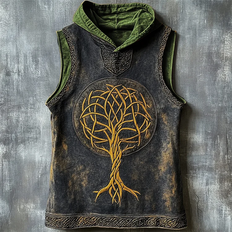 Men's Viking Tree Of Life Celtic Washed Hooded Tank Top