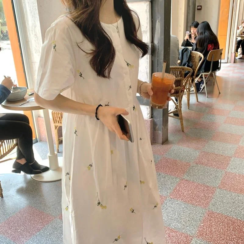 Yitimoky Woman Dress White Embroidery Floral Mid-Calf Cotton Clothing  Summer Short Sleeve Loose Lined Cute Sweet Sundress