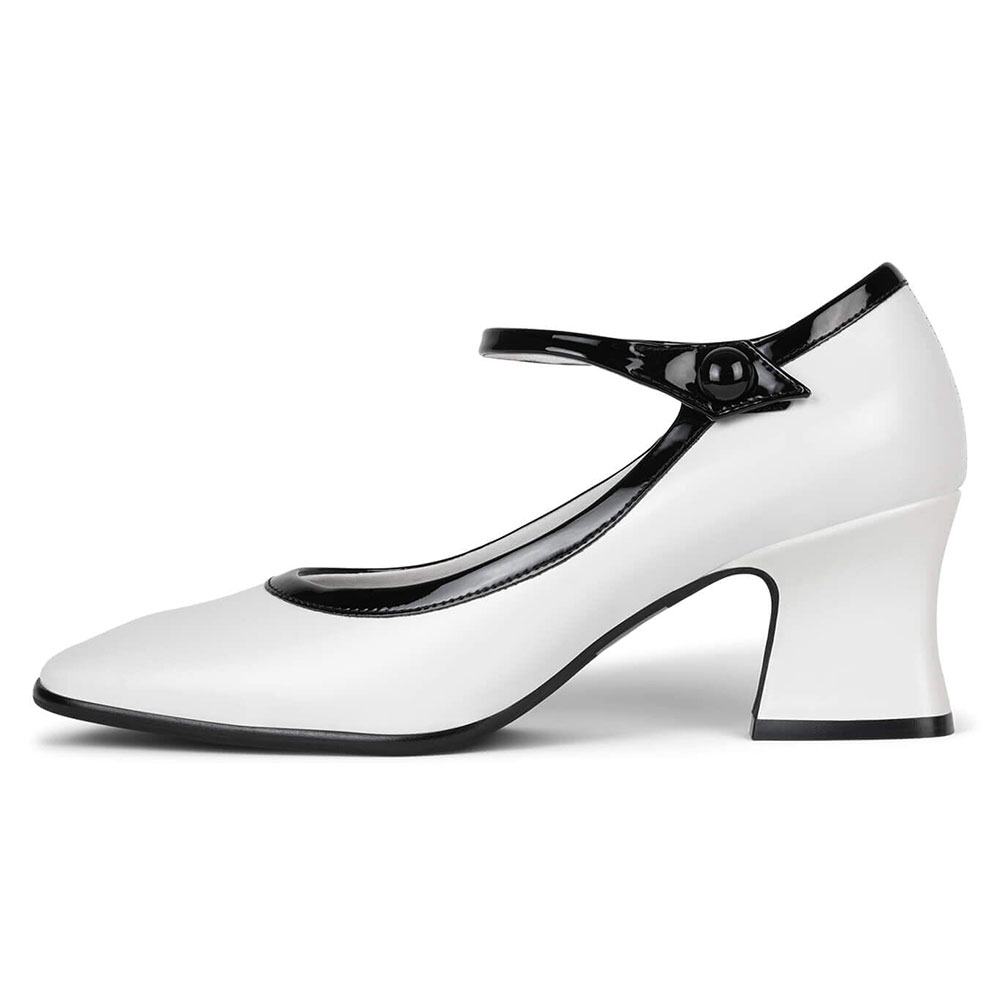 White Square Toe Block Heel Black Lining Mary Jane Pumps Nicepairs