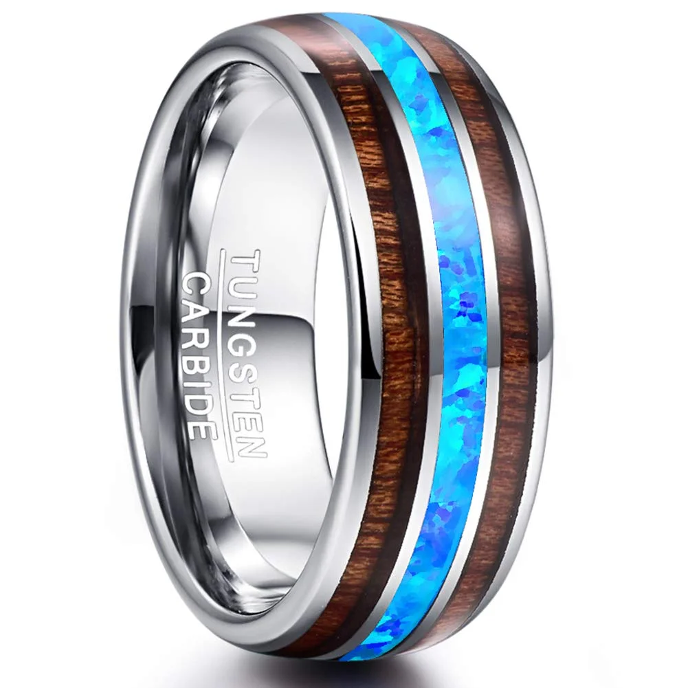 4MM 6MM 8MM 10MM Men Women Hawaiian Koa Wood and Blue Opal Inlay Tungsten Carbide Ring Mens Womens Domed Wedding Band Comfort Fit Couple Rings