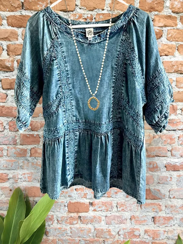Vintage Embroidered Ruffled Patchwork Denim Top