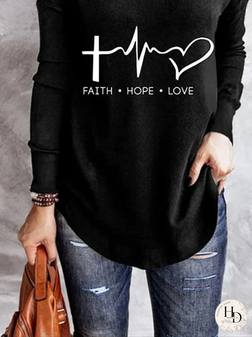 Long Sleeve Letter V Neck Casual T-shirt
