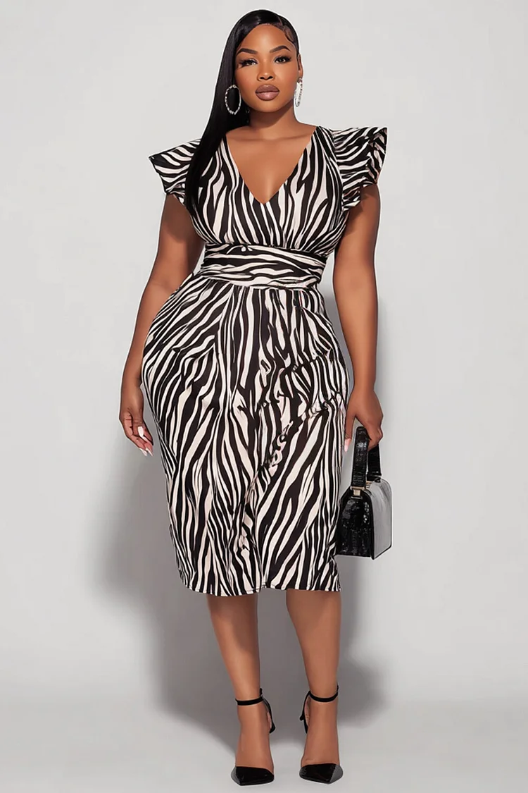Xpluswear Design Plus Size Business Casual Brown Zebra Print V Neck Flutter Sleeve Bodycon Satin Midi Dresses [Pre-Order] 2024 - Xpluswear