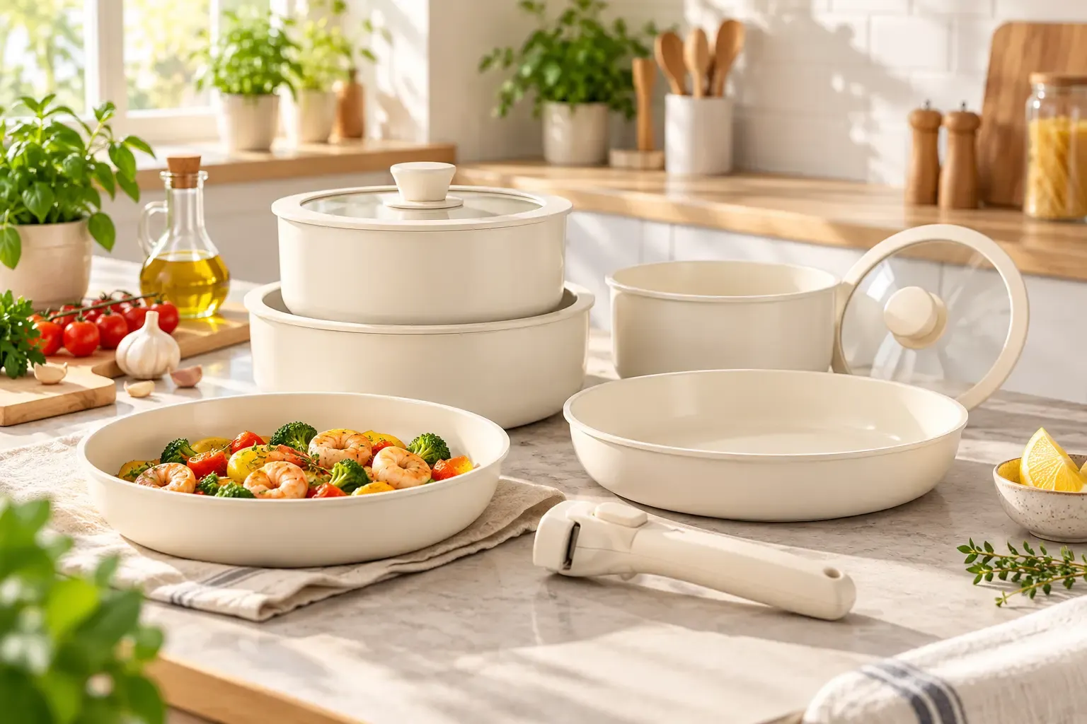 Cream 20-piece stackable ceramic cookware set with removable handle