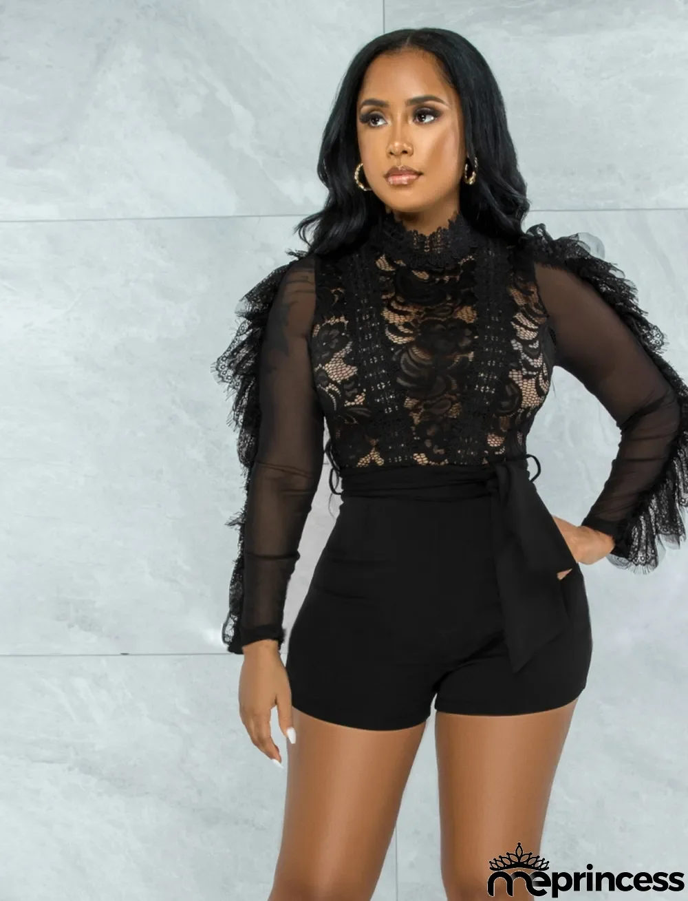 Autumn Black Lace Patch Long Sleeves Party Rompers