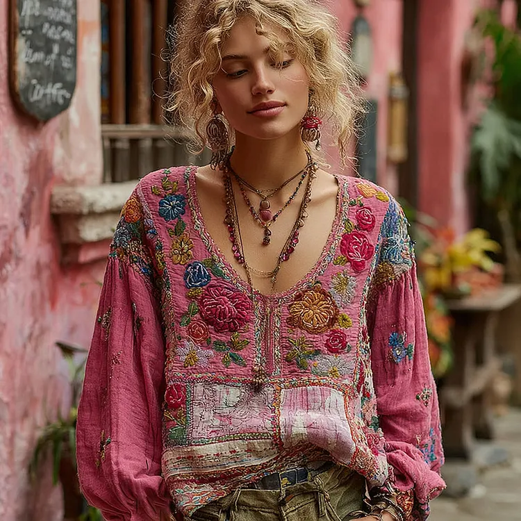 Women's Bohemian Floral Embroidery Patchwork Art Linen Blend T-shirt