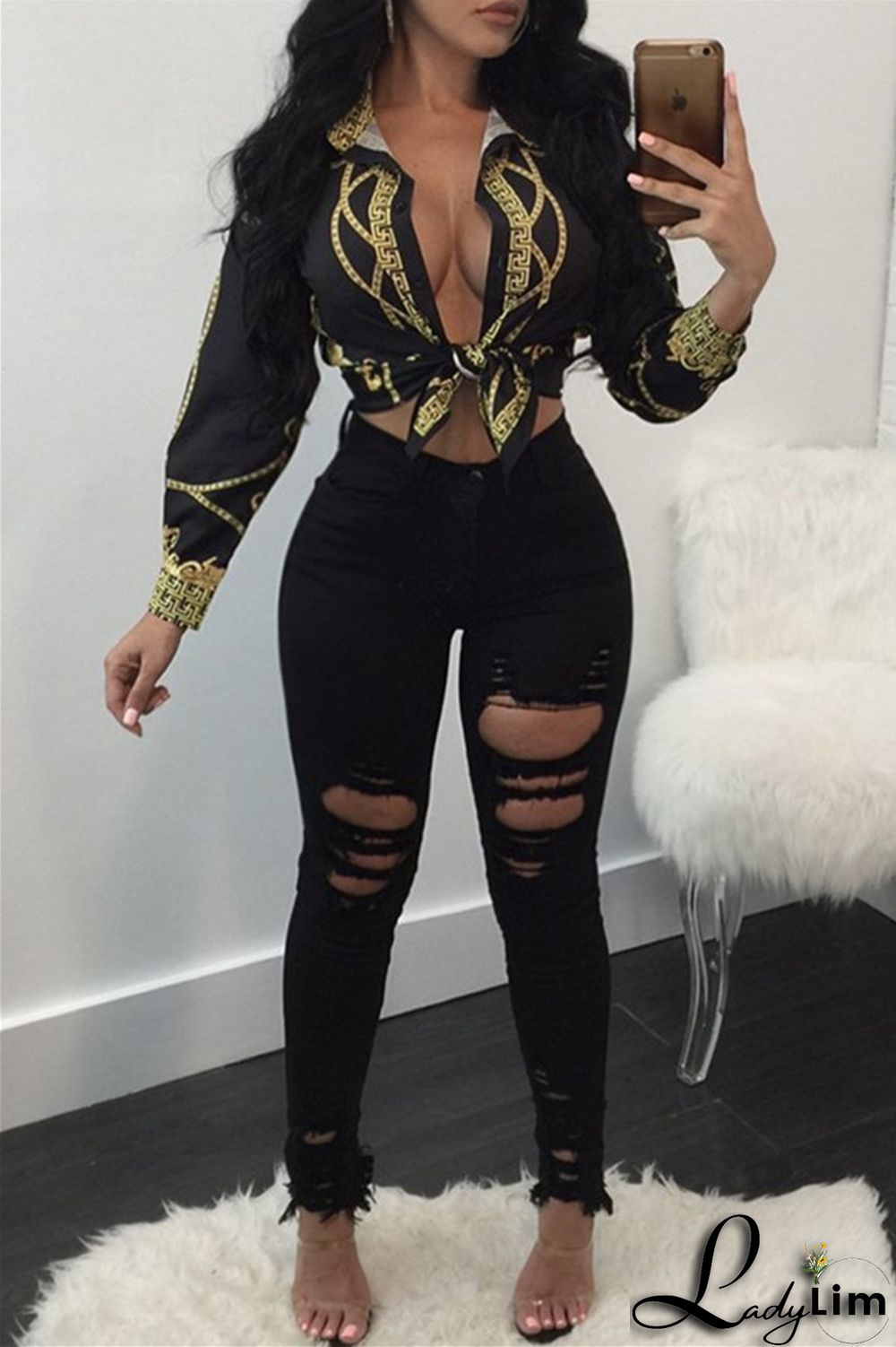 Black Fashion Casual Print Basic Turndown Collar Tops