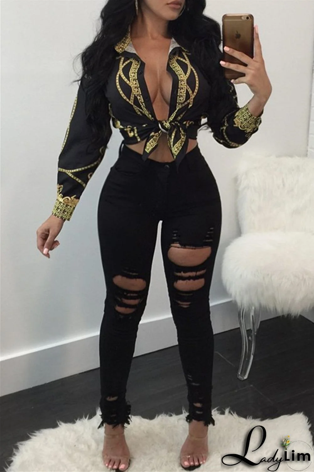 Black Fashion Casual Print Basic Turndown Collar Tops