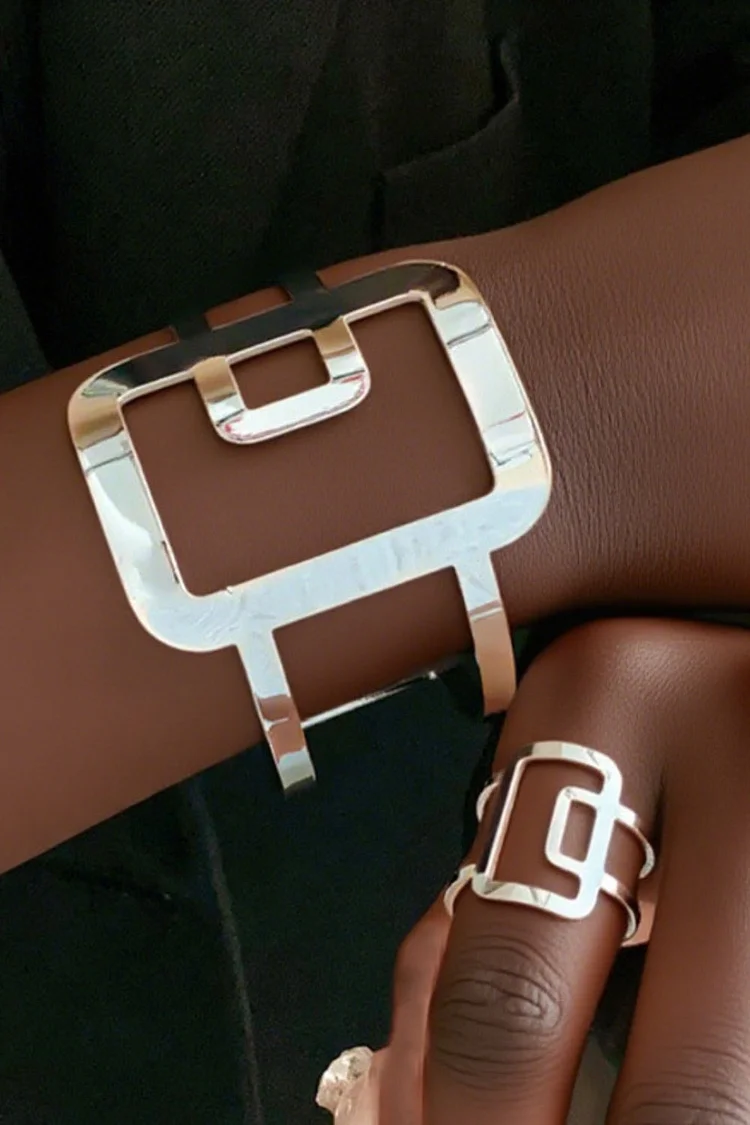 Party Geometric Square Hollow Splicing Textured Adjustable Open Bracelet Ring Jewelry Set 2024 - Xpluswear
