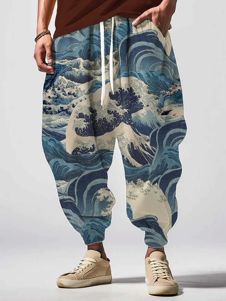 Men's Sea Waves Art Print Loose Drawstring Waist Sweatpants