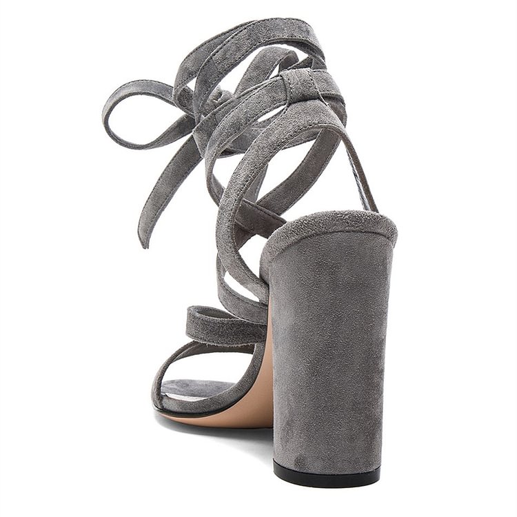 Women's Grey Soft Suede Chunky Heel Strappy Sandals |FSJ Shoes