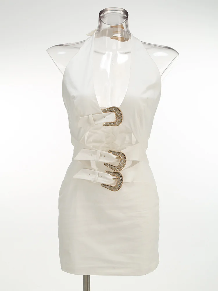 Brownm New Sexy Hollow Hanging Back Hanging Neck Dress Metal Decorative Temperament Dress Skirt Skirt Skirt