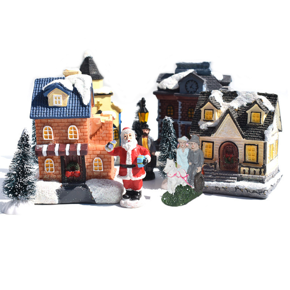 

10pcs Christmas Santa Claus Snow House Miniature Figurine Set w/ LED Light, 501 Original