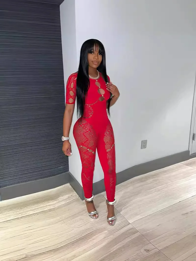 Uveng Uveng Female Solid Color Round Collar Hollow Short Sleeve Lace Sexy Body Knit Short Sleeve Jumpsuit