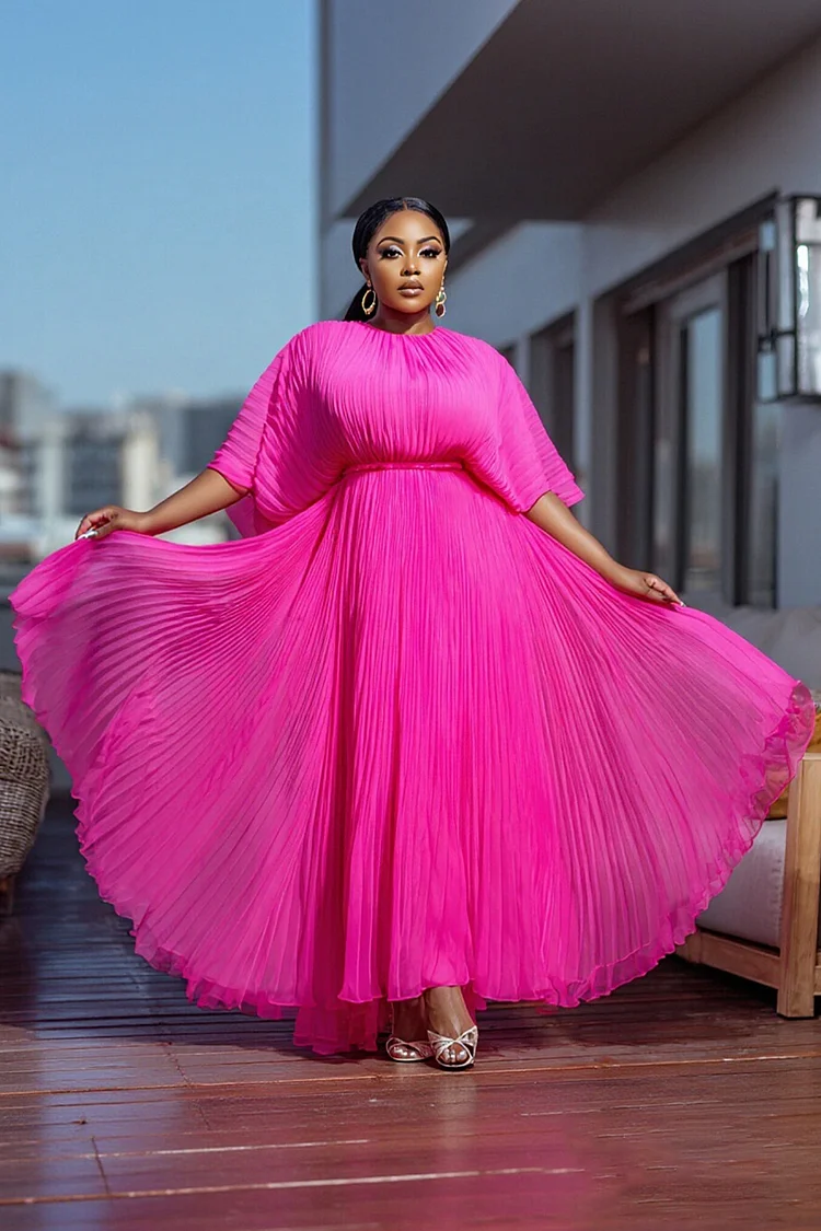 Xpluswear Design Plus Size Formal Hot Pink Round Neck Batwing Sleeve Half Sleeve Pleated Wrap Chiffon Maxi Dresses [Pre-Order] 2024 - Xpluswear