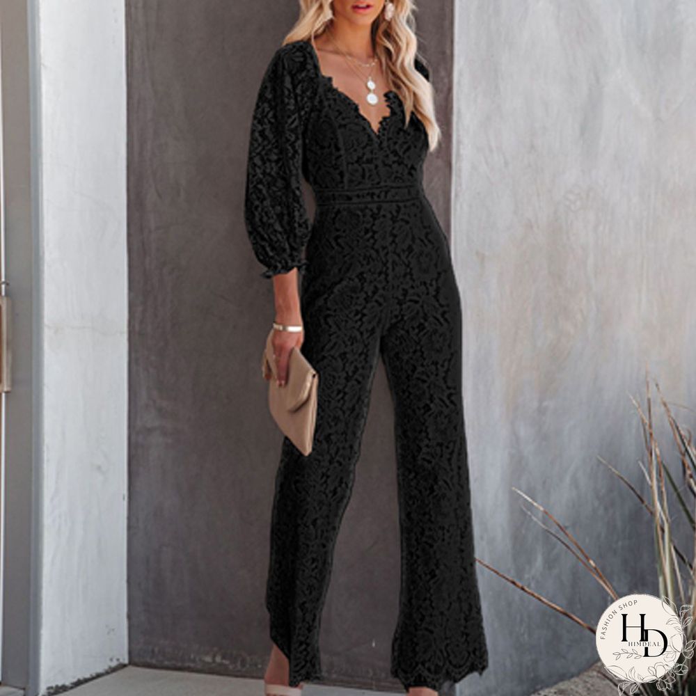 Fashion Sexy Lace Hollow Out Elegant Office Ladies Slim V-Neck Party Romper Women Casual