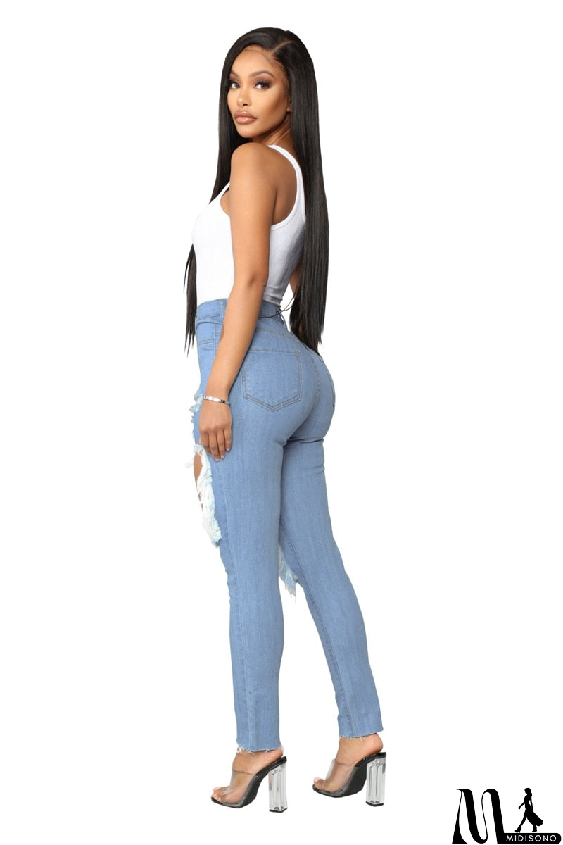 MidiSono - Sexy Hole high waist jeans Women Fashion Ripped Pencil denim jeans ladies Summer Casaul skinny jeans calca jeans boyfriend jeans