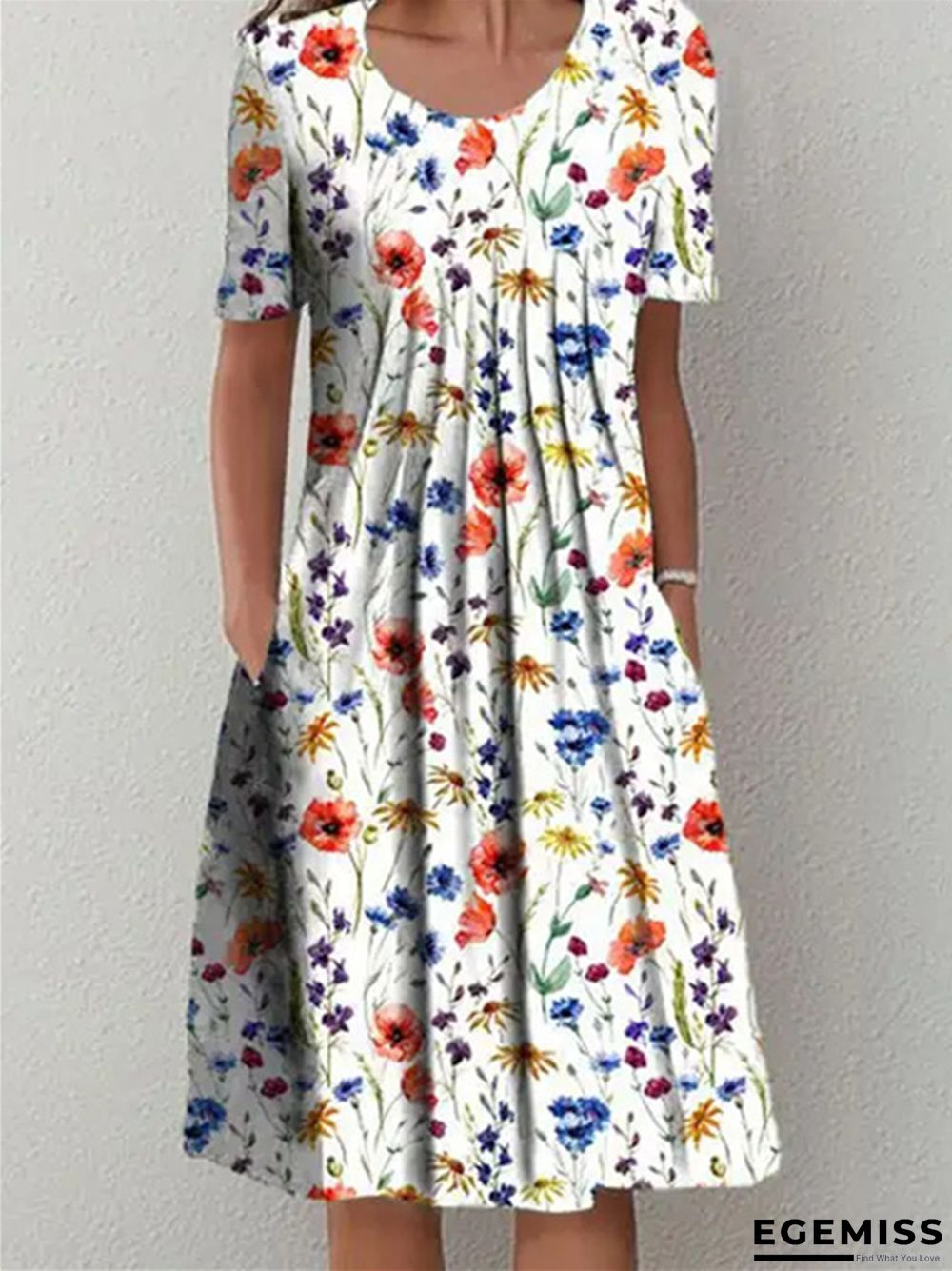 Casual Flower Round Neck Medium Length Straight Dress | EGEMISS