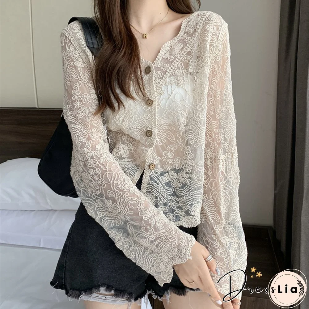 Fashion Crochet Hollow Shirt Top Women Summer Elegant Long Sleeve Lace Shirt Female Button Up Beach Shirt Mujer