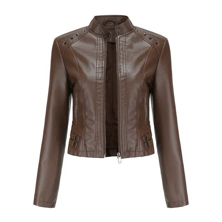Cropped riveted leather motorcycle jacket