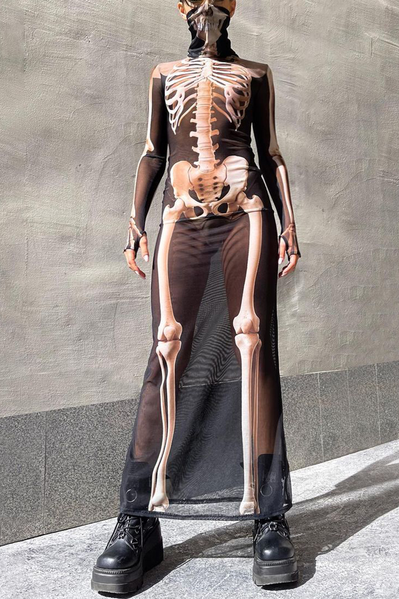 Halloween Skeleton Print Mesh See-Through High Neck Costume Maxi Dress