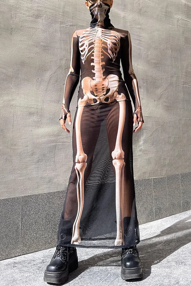 Skeleton Print See-Through High Neck Halloween Costume Maxi Dress
