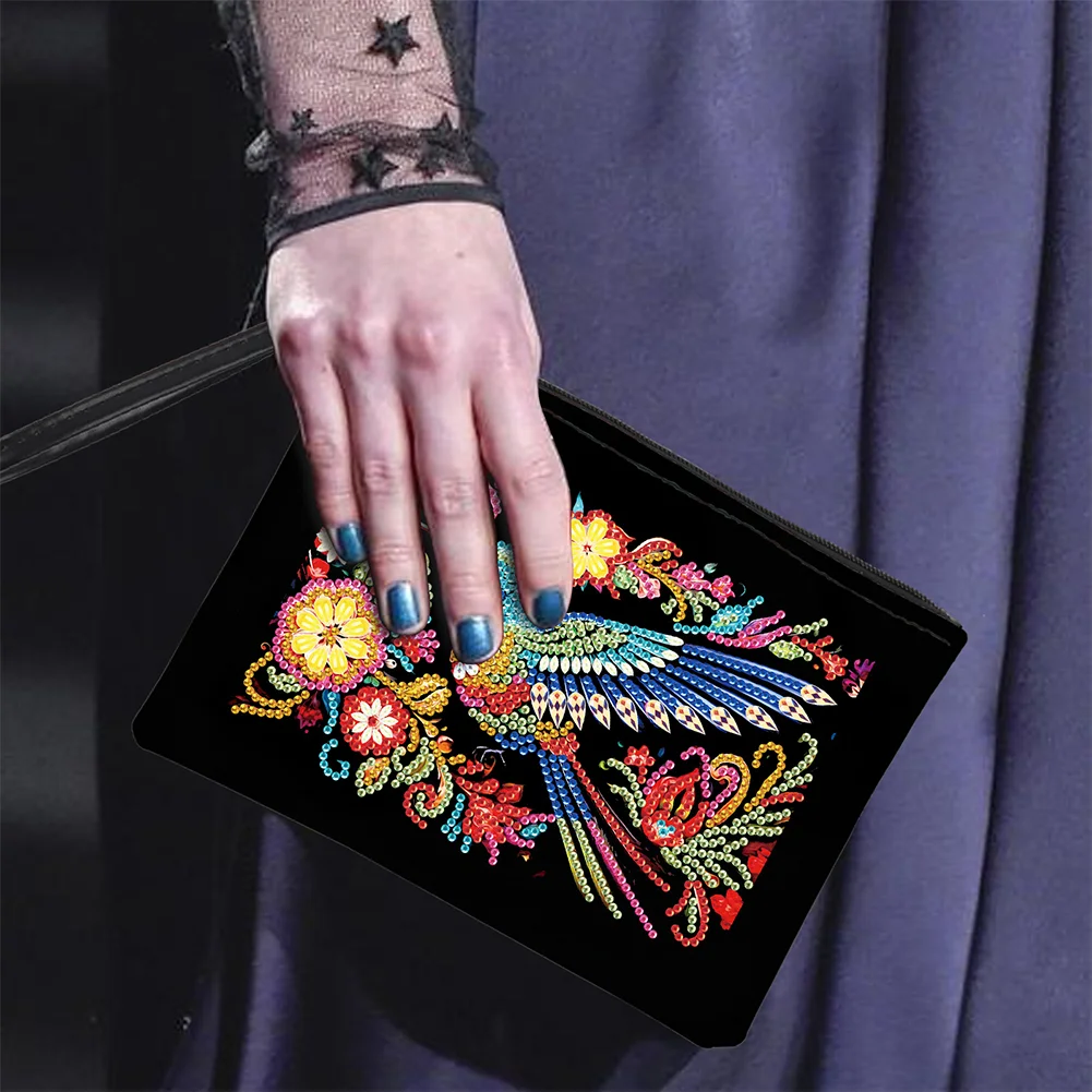DIY Hummingbird PU Partial Special Shaped Diamond Painting Wallet Makeup Bag