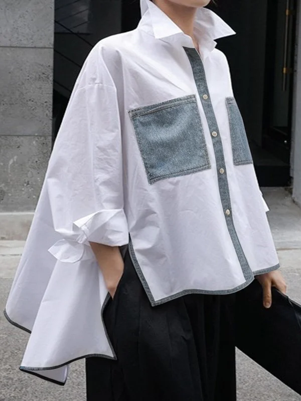 Split-Side Pockets Contrast Color Buttoned Loose Long Sleeves Stand Collar Blouses&Shirts Tops