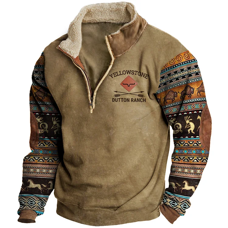 Men's Vintage American West Yellowstone Dutton Danch Zipper Stand Collar Sweatshirt
